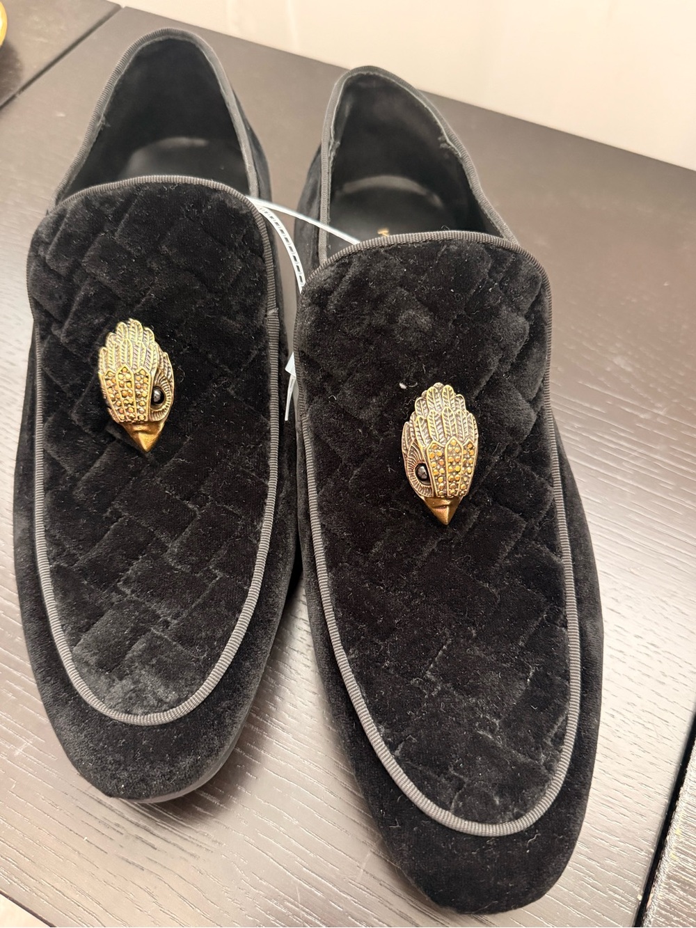 Kurt Geiger Hugh venetian Black Quilted Velvet Slip-On Loafers with Gold Bird